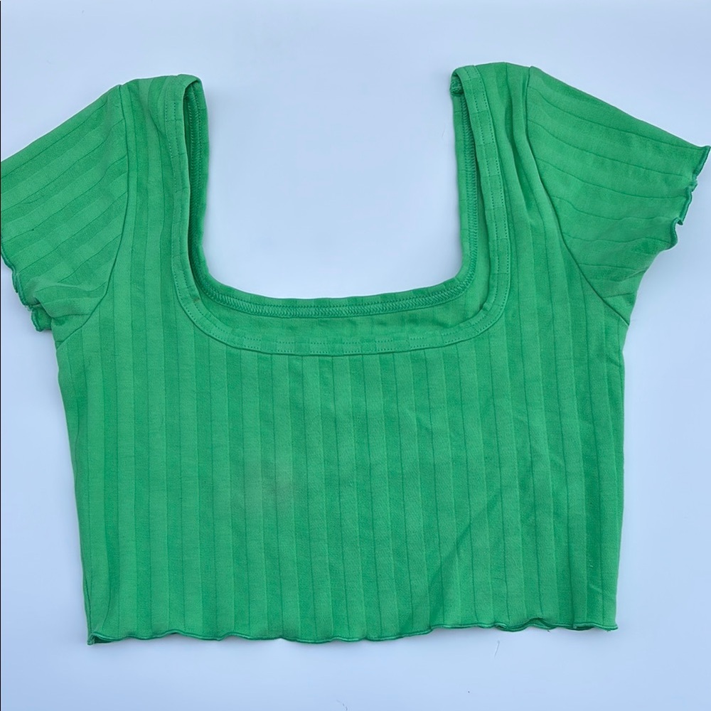 Aerie Offline Bright Green Ribbed Crop Top with Cap Sleeves US XS